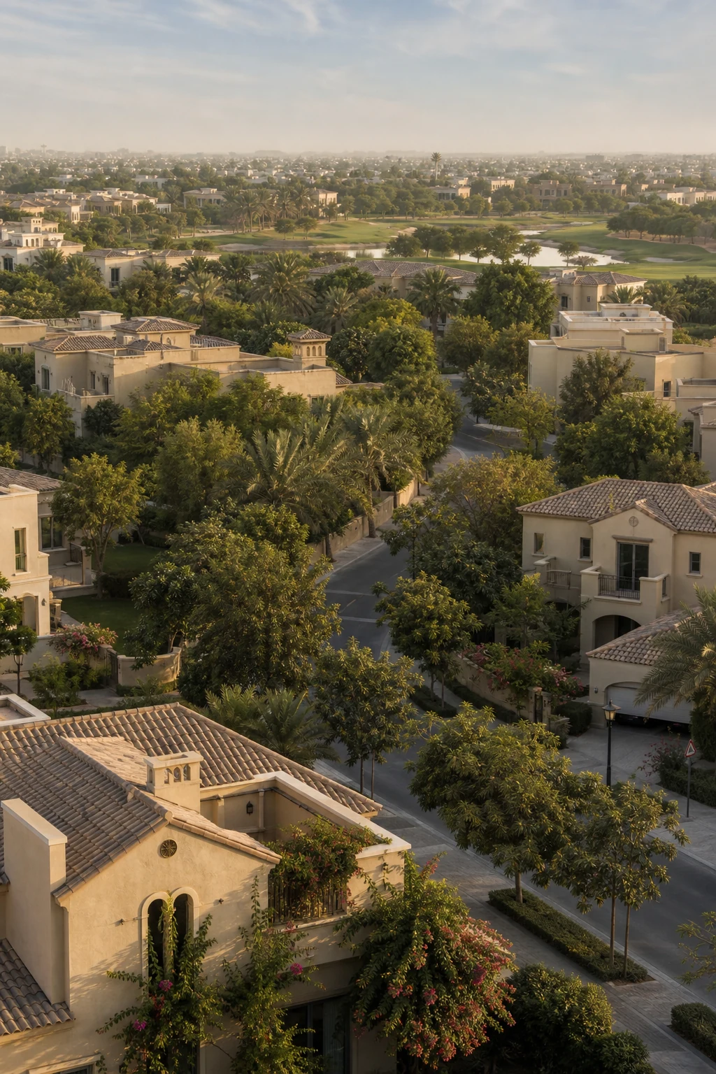 Editorial aerial view of an established Dubai residential community