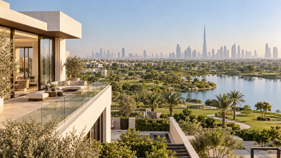 Illustrative contemporary villa overlooking a park and lake, with the Dubai skyline beyond